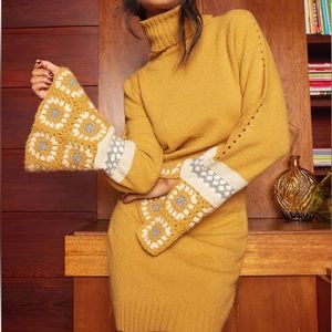 Lulu’s It's Groovy Mustard Yellow Multi Knit Turtleneck Sweater Dress